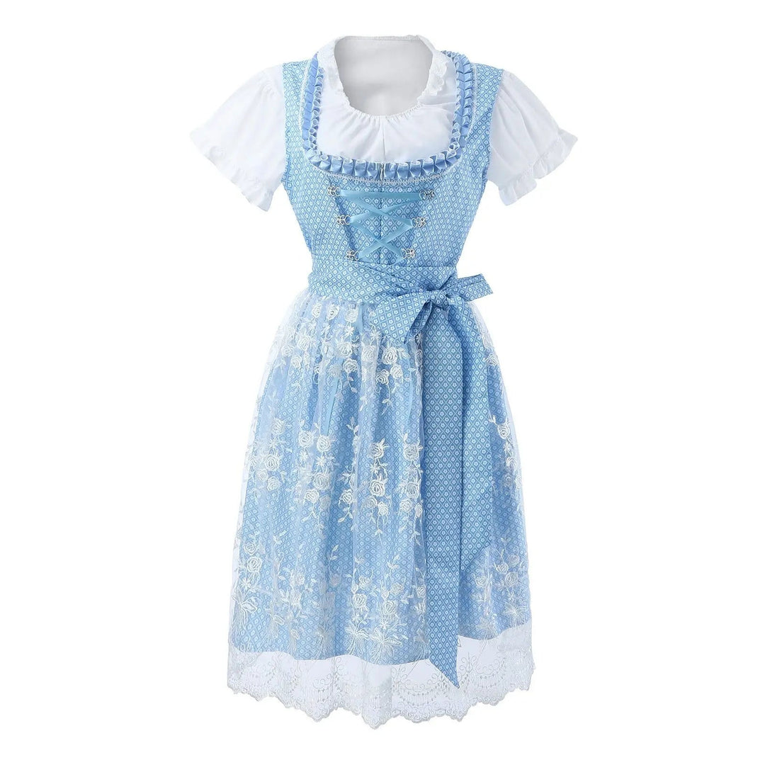 Hochwertiges Damen Dirndlkleid in Hellblau, klassisch bestickt, ideal für die Wiesn, Volksfest und festliche Anlässe.