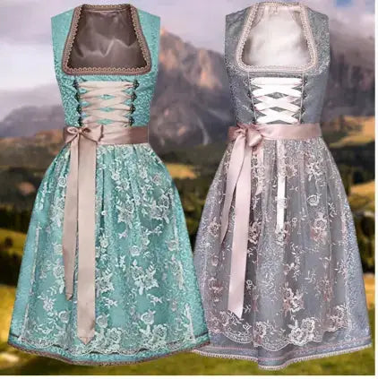 Hochwertiges Damen Oktoberfest Dirndlkleid in elegantem Grau-Grün. Ideale Trachtenmode für ein stilvolles Volksfest-Outfit.