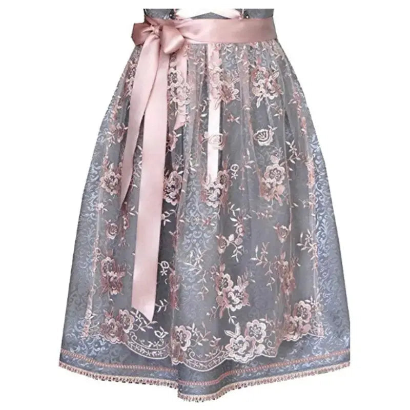 Festliches Damen Dirndlkleid, grau-grün, mit aufwendiger Stickerei am Mieder. Traditionelle Trachtenmode für Oktoberfest.