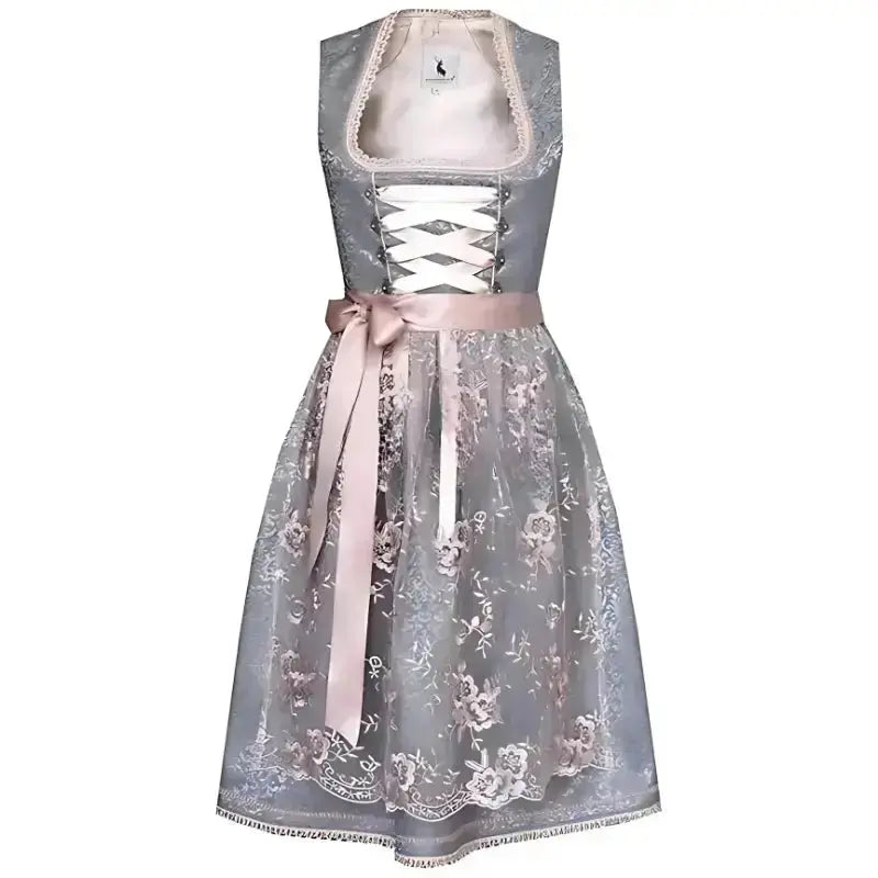 Elegantes Damen Oktoberfest Dirndlkleid in Grau-Grün mit traditioneller Stickerei und Mieder. Perfekt für das Volksfest.