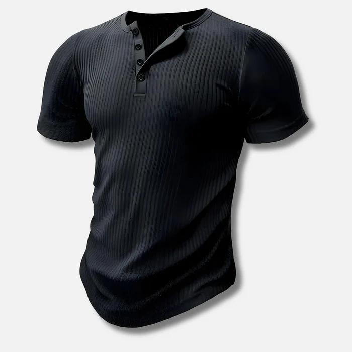 Stylisches Herren Slim Fit T-Shirt mit Knopfleiste für Freizeit und Sommer, betont die Figur elegant und modern.