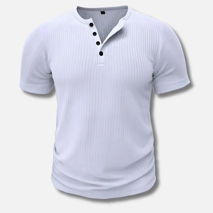 Herren Muscle Fit T-Shirt mit Kurzarm und Knopfleiste, figurbetont in Schwarz für einen sportlich-eleganten Look.