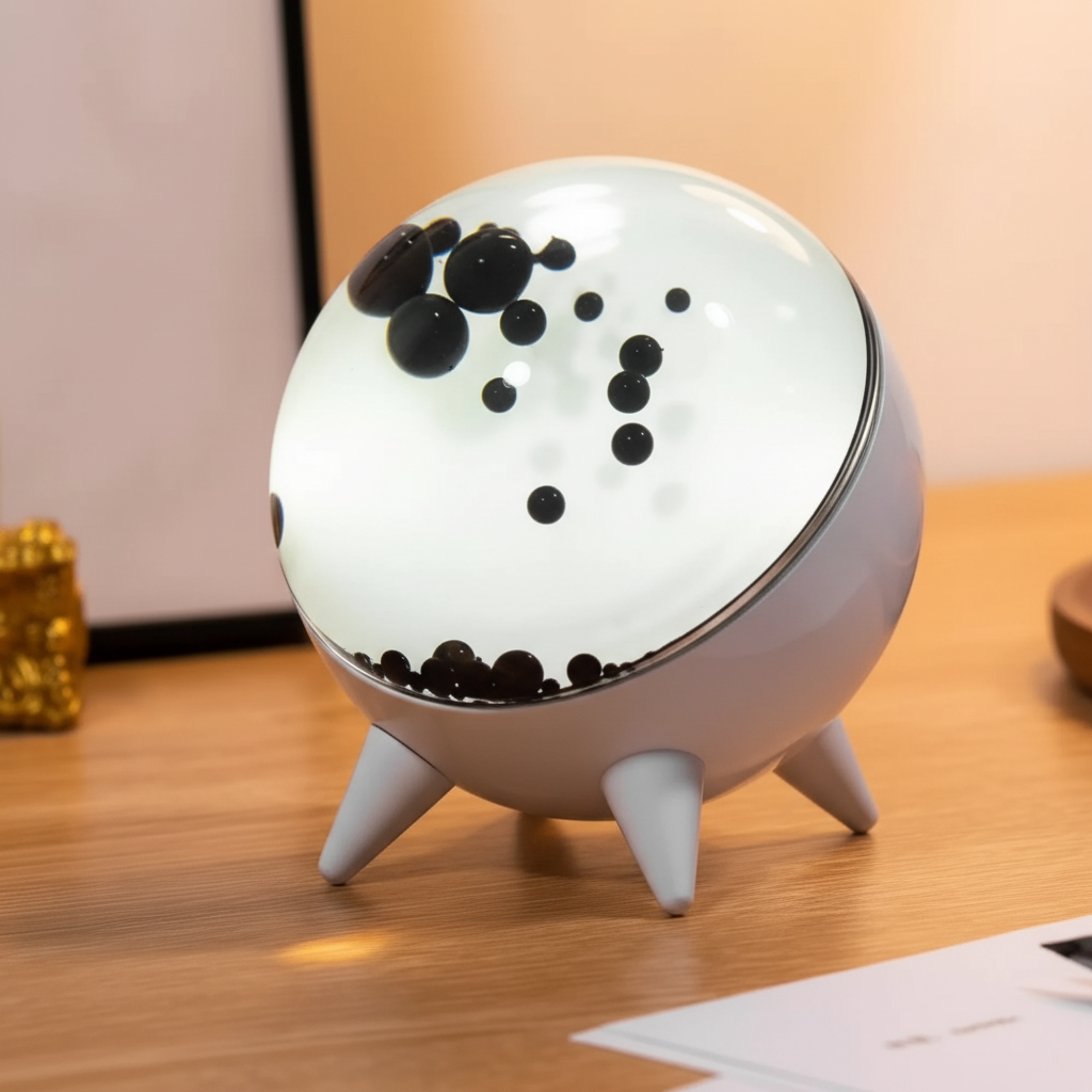 Stylisches MagnoFlux Ferrofluid Display als stimmungsvolles Tischlicht und modernes Wohnaccessoire.