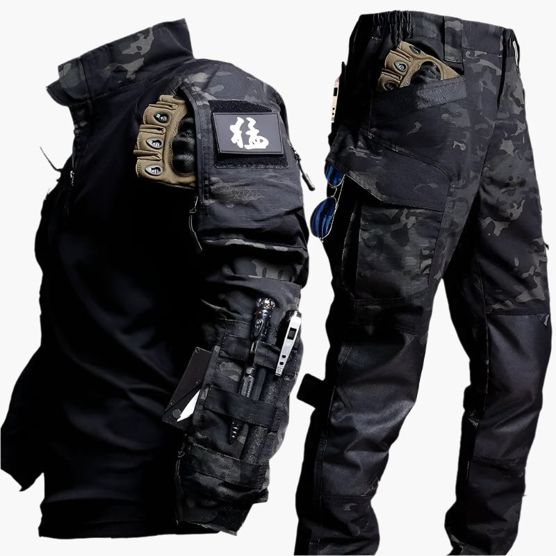 Herren Taktik-Set: Dunkelgrünes Combat Longsleeve & strapazierfähige Cargo-Hose. Ideal für Abenteuer & Einsatz.