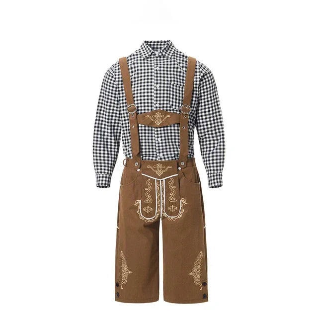 Festtagskleidung für Herren: Trachten-Set mit bestickter Hose und kariertem Hemd. Traditionsreich.