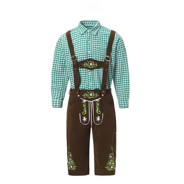 Modernes Trachten-Set für Männer: Bestickte Hose & kariertes Hemd. Ideal für bayrische Feste.