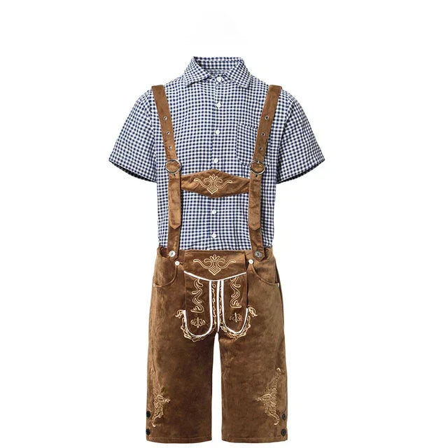Authentisches Herren Trachten-Set: Bestickte Trachtenhose und kariertes Hemd für Oktoberfest.
