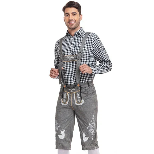 Oktoberfest Party Outfit für Herren: Bestickte Trachtenhose und kariertes Hemd. Kompletter Look.