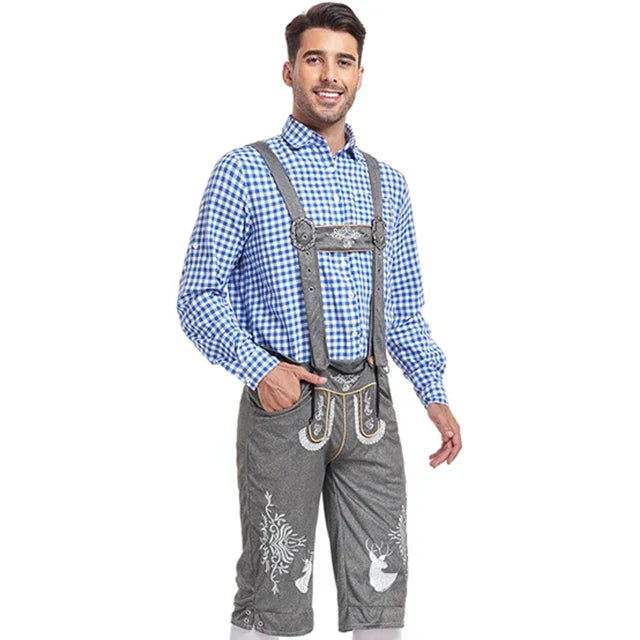 Stilvolles Herren Trachten-Set: Bestickte Hose & kariertes Hemd. Traditionelle Mode für Festtage.