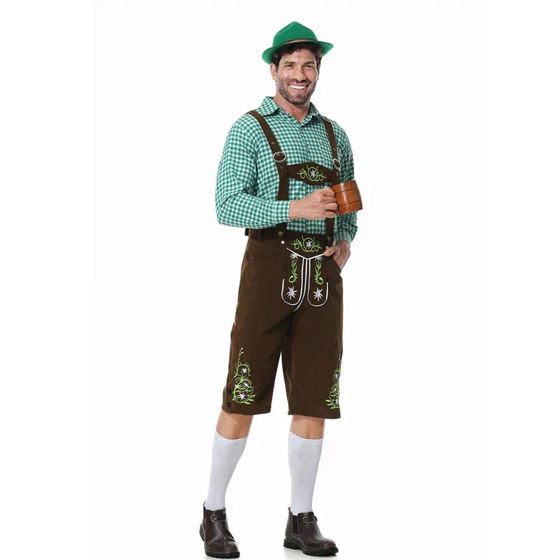 Oktoberfest Herren Trachten-Set: Lederhose mit Stickerei und kariertes Trachtenhemd. Bayrisch.