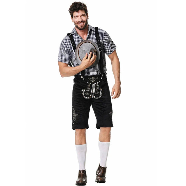 Herren Trachten-Set für Oktoberfest: bestickte Lederhose & kariertes Hemd. Festliche Traditionskleidung.