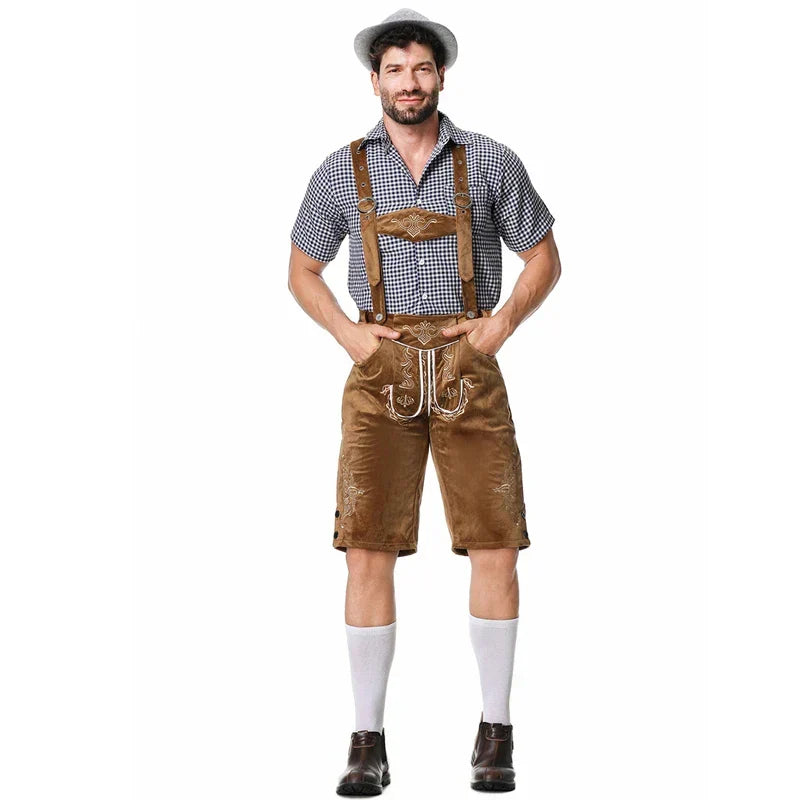 Festliches Männer Trachten-Set: traditionelle bestickte Trachtenhose und kariertes Hemd für Parties.