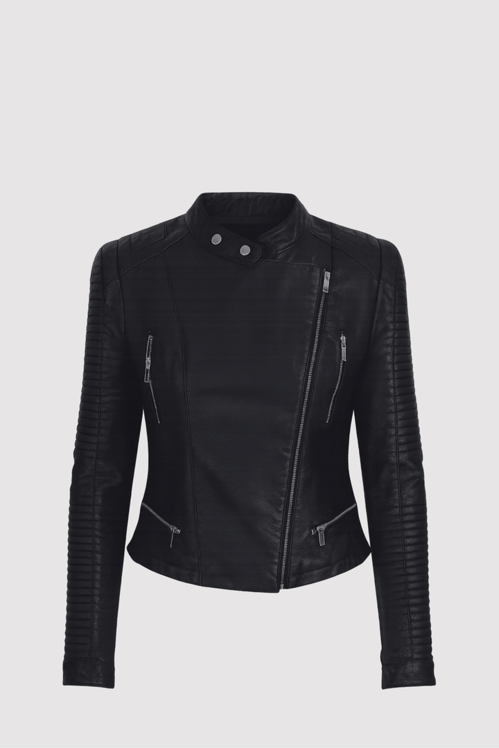 Moderne schwarze Streetstyle Damenjacke im Regular Fit, elegant für Alltag und Freizeit, mit Reißverschluss.