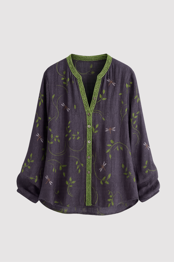 Elegante Damen Bluse im Vintage-Stil mit feiner Blattstickerei. Lockere Passform, ideal für feminine Freizeitlooks.