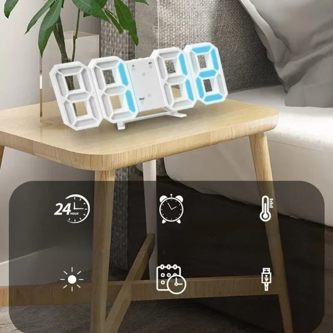 Design-Wanduhr mit LED-Display für Datum, Uhrzeit und Temperatur. Modernes Wohnaccessoire.