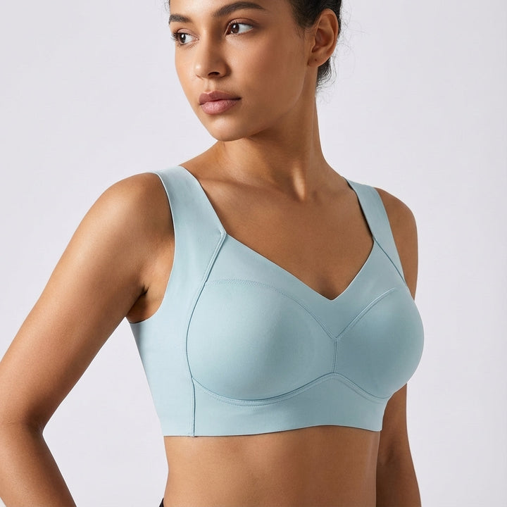 Rückenansicht des Damen Sport-BH "Kayla", nahtlos, mit breiten Trägern für extra Halt & Komfort.