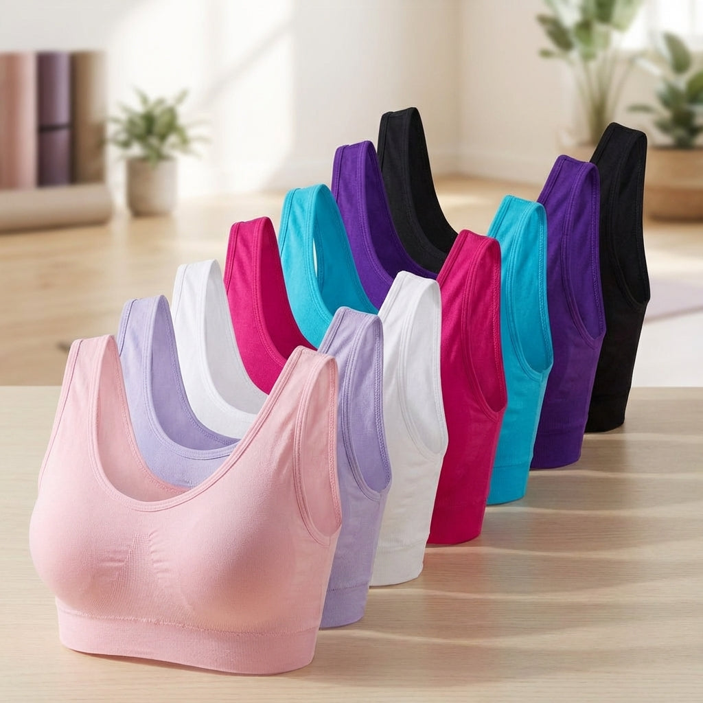 Rückenfreies, nahtloses Damen Sportbustier Set 'Sandra' in modernem Design. Komfortable Dehnbarkeit für Activewear.