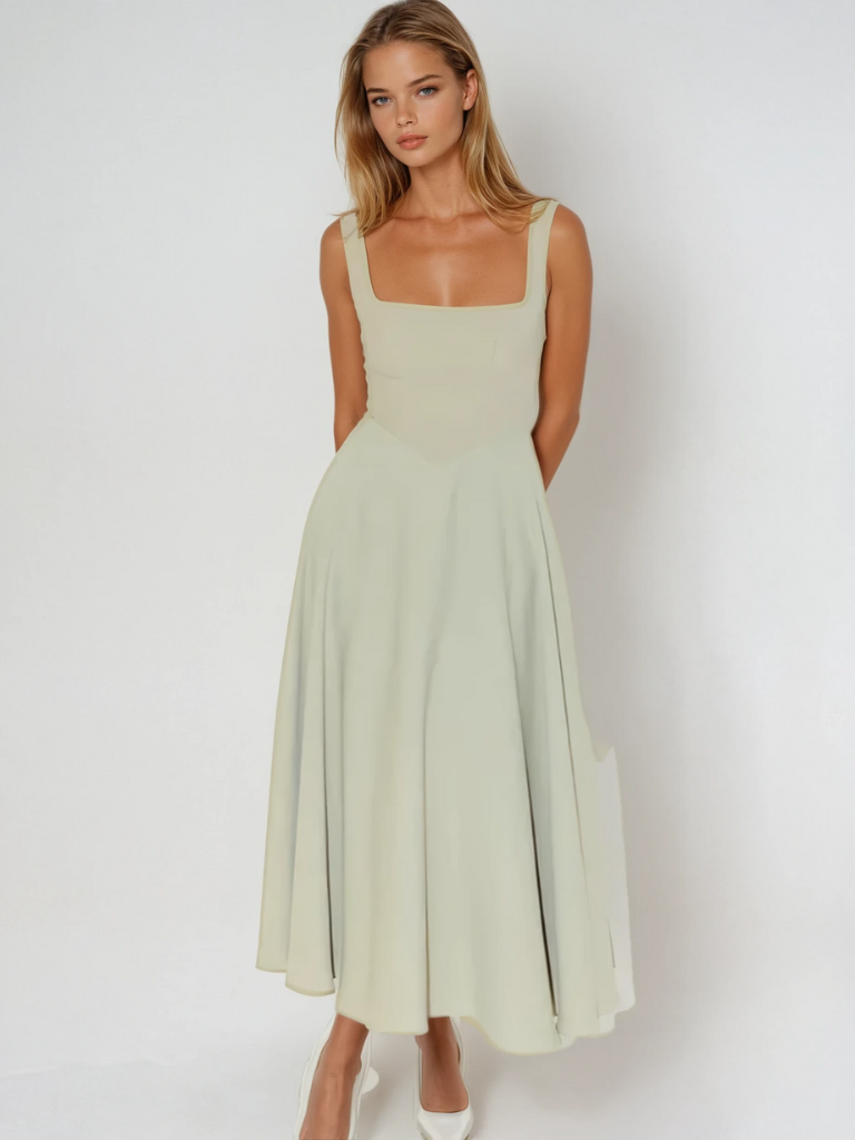 Elegantes A-Linien Midikleid für Damen. Tailliertes Abendkleid mit markantem Quadratausschnitt.
