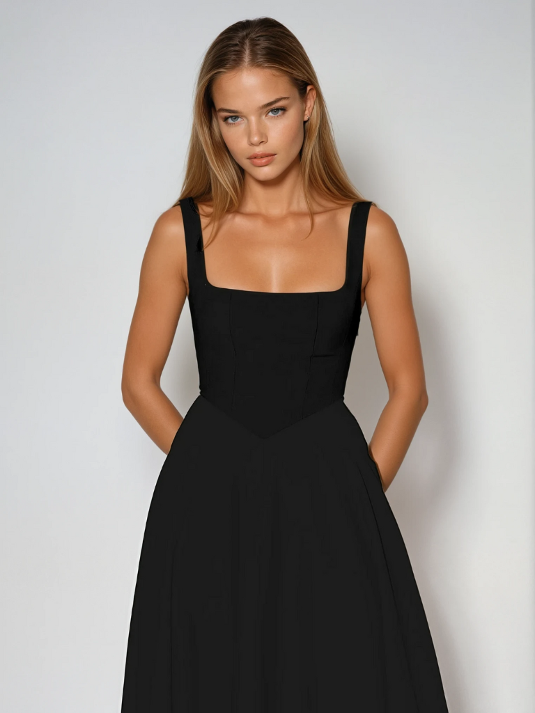 Elegantes Damen Midikleid mit Quadratausschnitt. Tailliertes A-Linien Abendkleid für besondere Anlässe.