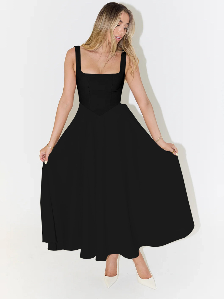 Festliches Damen Midikleid. Tailliertes A-Linien Design mit modernem eckigem Ausschnitt. Ideal für Sommer.