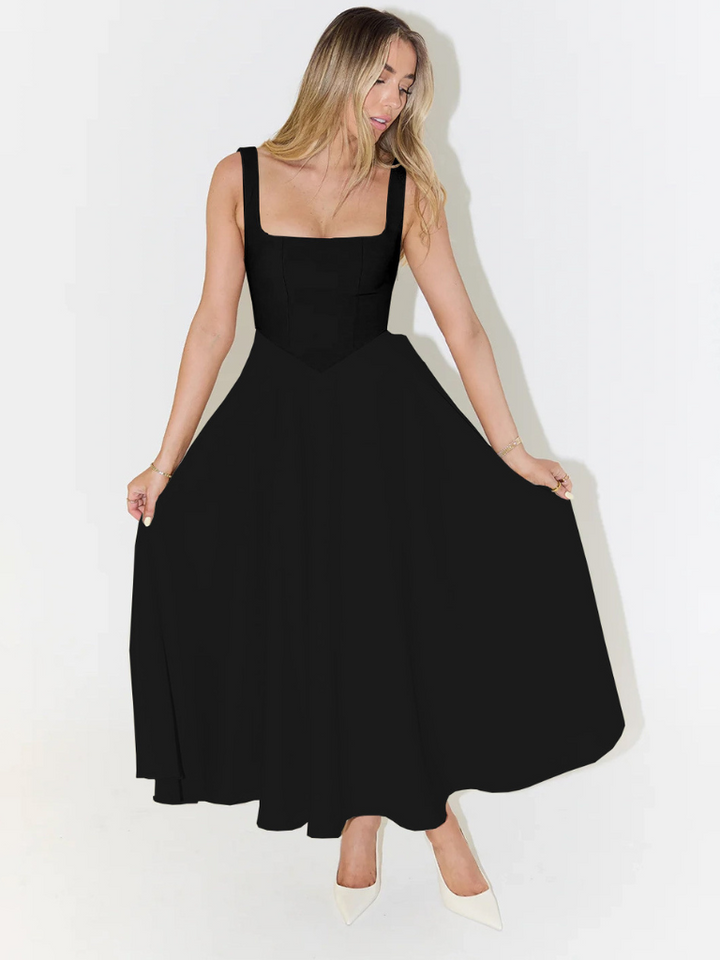 Festliches Damen Midikleid. Tailliertes A-Linien Design mit modernem eckigem Ausschnitt. Ideal für Sommer.