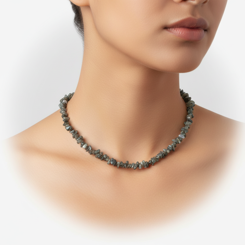 Feminine Damen Halskette mit polierten Naturkristallen, filigran.