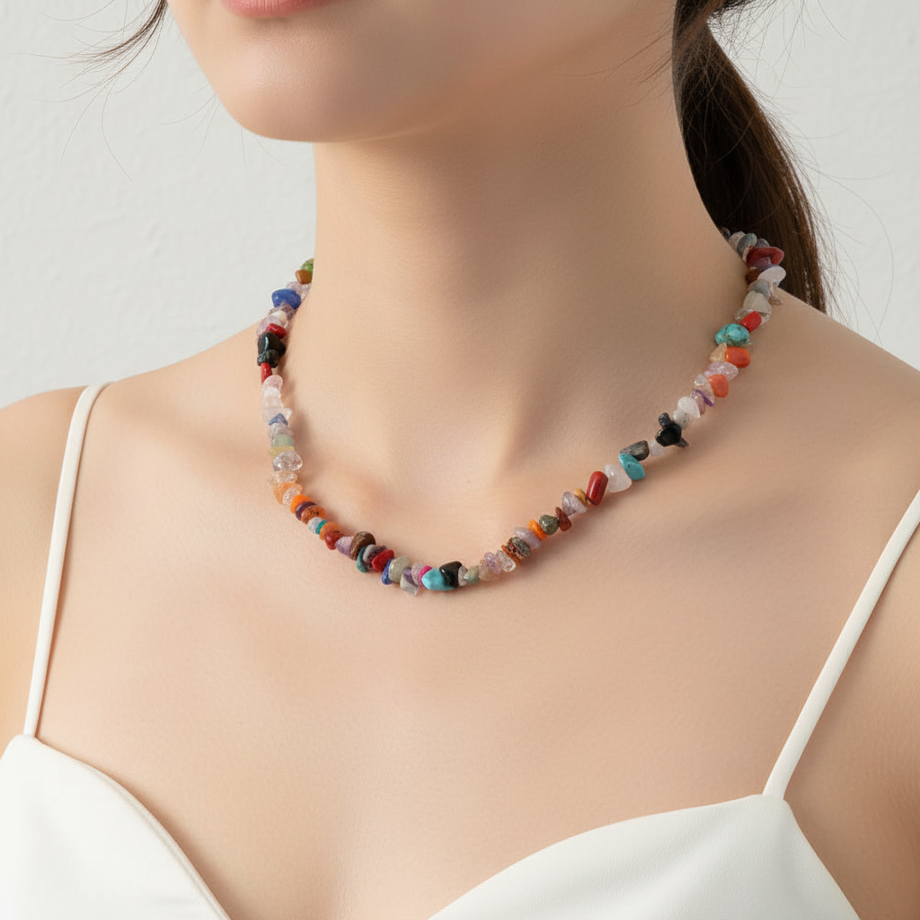 Luxuriöse Damenkette, Naturstein-Collier mit polierten, schimmernden Kristallen.