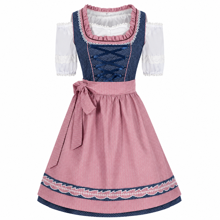 Elegantes rosa Oktoberfest Dirndl für Damen mit Schürze & Schnürmieder. Traditionelles Festkleid, bayerische Mode.