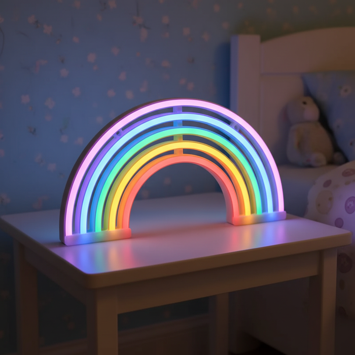 Neon Regenbogen LED Tischlampe leuchtet hell. Perfekte Beleuchtung für Kinder- & Schlafzimmer.