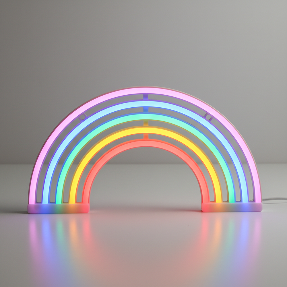 Bunte Regenbogen Neon-Tischlampe als stilvolles Nachtlicht für gemütliche Schlafzimmer-Atmosphäre.
