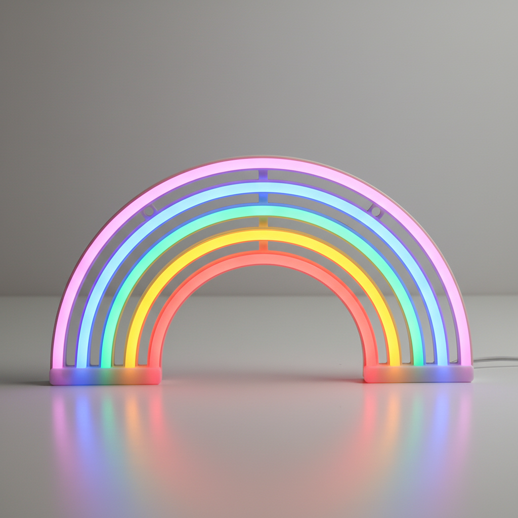 Bunte Regenbogen Neon-Tischlampe als stilvolles Nachtlicht für gemütliche Schlafzimmer-Atmosphäre.