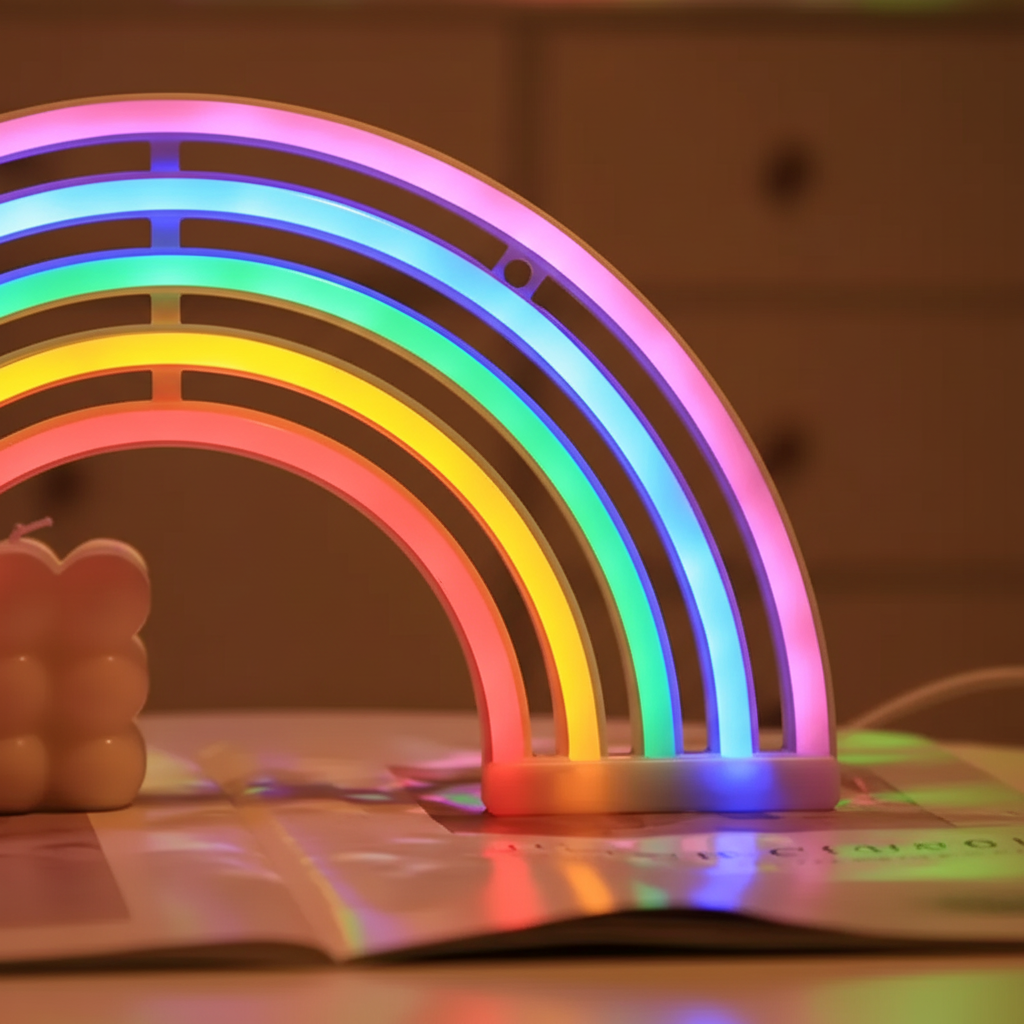 LumiRainbow LED Neon Tischlampe in Regenbogenform, ideal als sanftes Nachtlicht für Kinderzimmer.