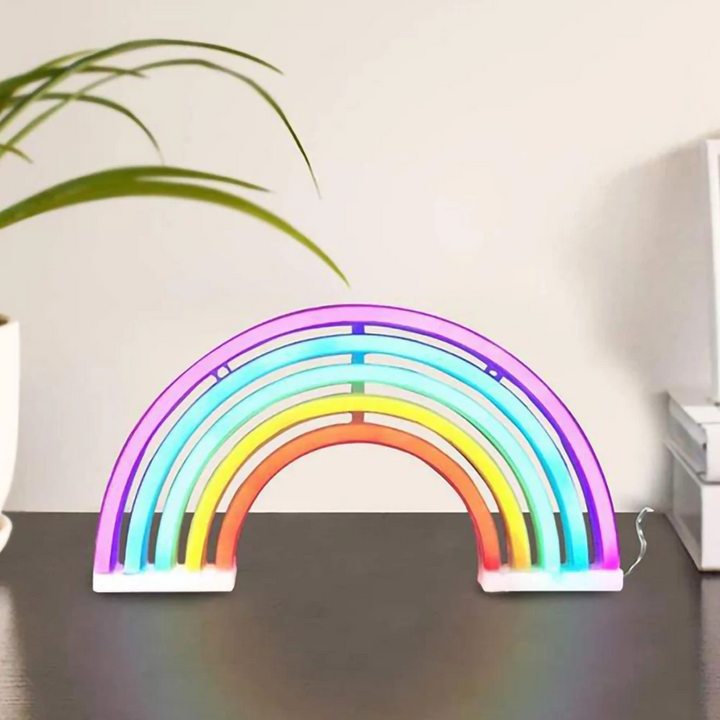Stilvolle Regenbogen-Tischlampe mit Neon-LED für warme Ambientebeleuchtung im Kinder- & Schlafzimmer.