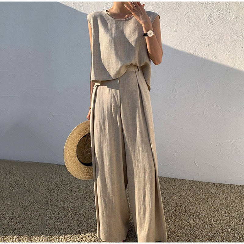 Damen ärmelloses Leinen Set, zweiteilig, elegant & bequem für Sommer Freizeit und Urlaub. Mit Hose und Top.