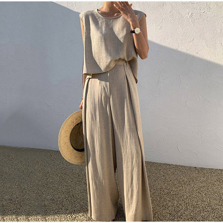 Damen ärmelloses Leinen Set, zweiteilig, elegant & bequem für Sommer Freizeit und Urlaub. Mit Hose und Top.