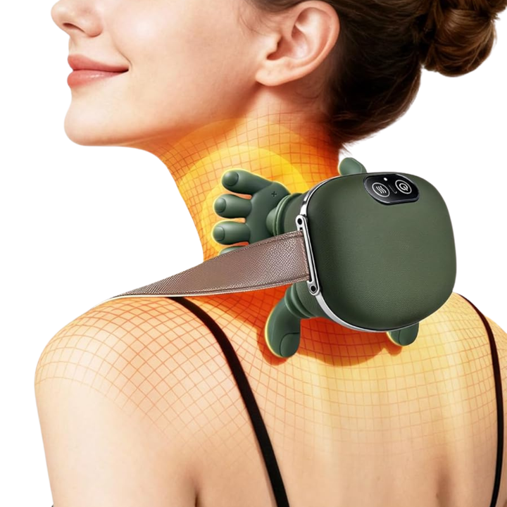 Grünes, kabelloses Silikon-Nackenmassagegerät für die Selbstmassage von Nacken und Schultern zu Hause oder unterwegs.