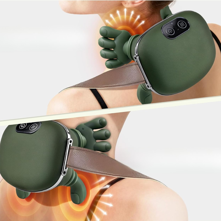 Tragbares, handförmiges Massagegerät in Grün, ideal für gezielte Nacken- & Schultermassage zur Muskelentspannung.