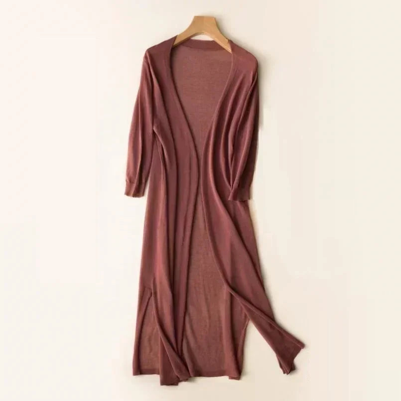 Langer, eleganter Damen-Cardigan mit offenem Schnitt für vielseitige Frühling & Sommer Outfits.