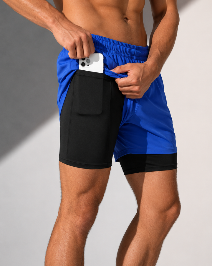 Atmungsaktive Herren Laufshorts, 2-in-1 Design, für intensives Workout & Fitnesssport. Hoher Tragekomfort.