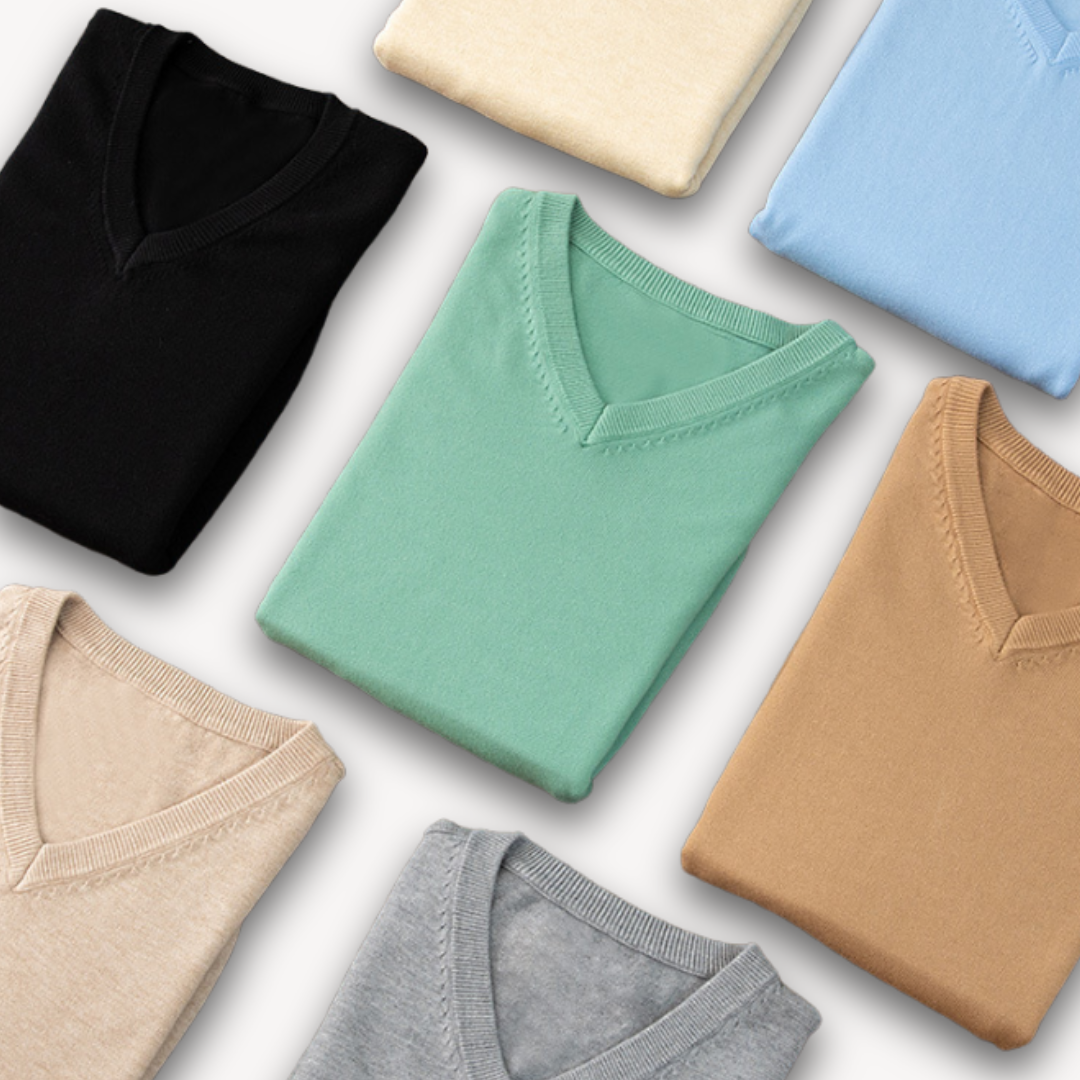 Ordentlich gefalteter Herren V-Ausschnitt Pullover, hochwertiges Oberteil, bequem & schick.