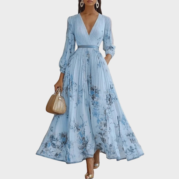 Florales Plissee Maxikleid für Damen, V-Ausschnitt, ideal als Frühlings- und Sommerkleid.