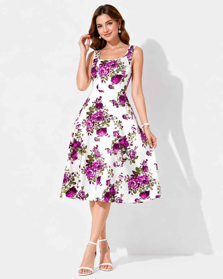 Zeitloses Damen Frühlingskleid mit zartem Blumenmuster, als elegantes Freizeitkleid.