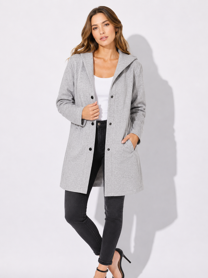 Damen lässige Kapuzenjacke mit Knöpfen. Komfortable Übergangsjacke für Frühling & Herbstmode.