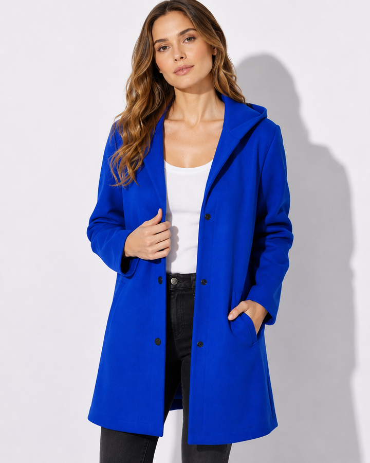 Komfortable Damen-Übergangsjacke mit Kapuze und durchgehender Knopfleiste für Frühling & Herbst.