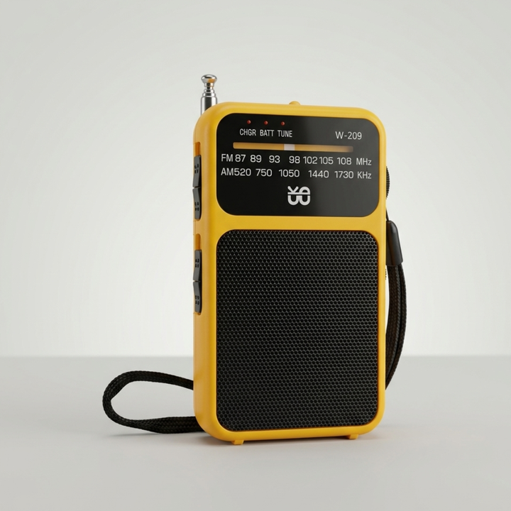 Gelb-schwarzes tragbares Notfallradio mit AM/FM, ideal für Camping & Outdoor. Robust, kompakt, zuverlässiger Empfang.