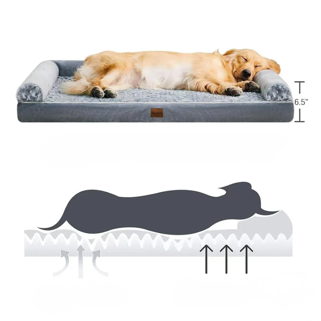 Ergonomisches orthopädisches Hundebett für grosse Hunde. Gemütlicher, waschbarer Schlafplatz in Grau-Lila.