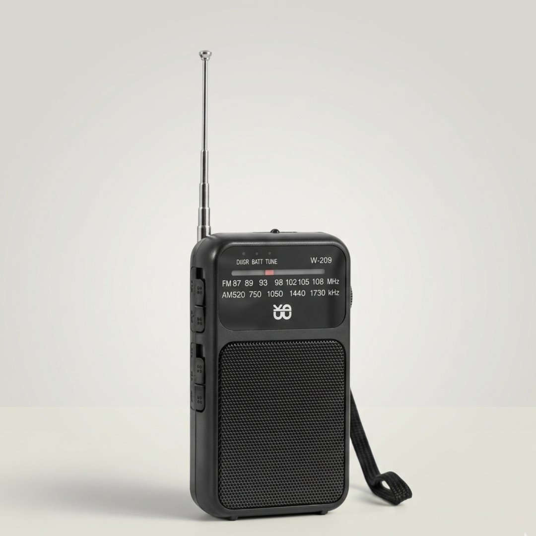 Robustes, gelbes Notfallradio mit AM/FM Empfang. Kompaktes tragbares Outdoor- & Campingradio für Notfälle.
