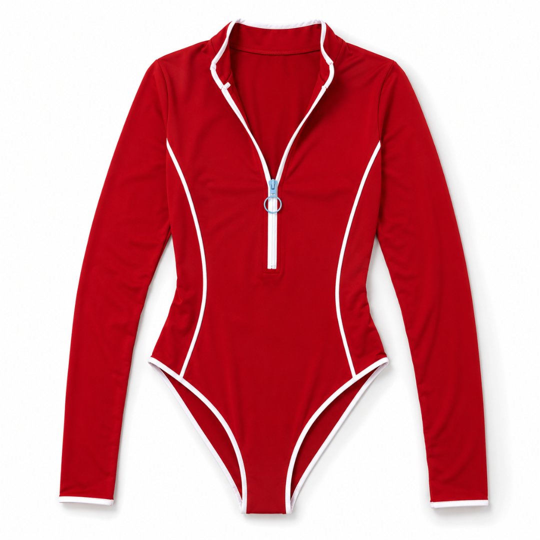 Sportlicher Langarm-Badeanzug für Herren: Bequemer Einteiler in Rot-Braun für optimalen Schutz beim Schwimmen.