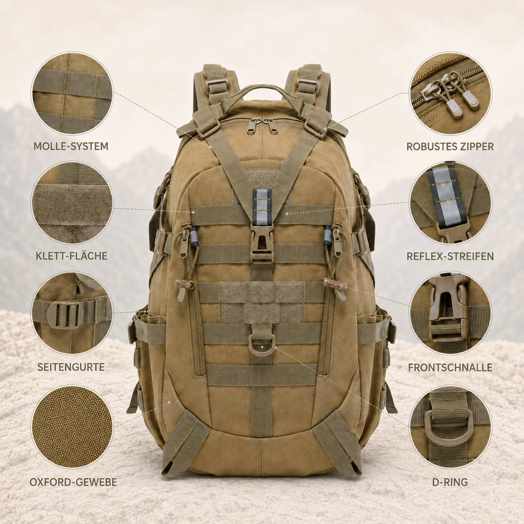 Taktischer 40L Rucksack in Camouflage, strapazierfähig für Wandern & Freizeit.
