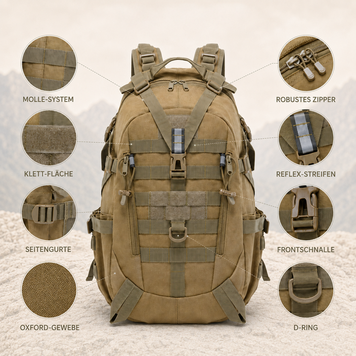 Taktischer 40L Rucksack in Camouflage, strapazierfähig für Wandern & Freizeit.